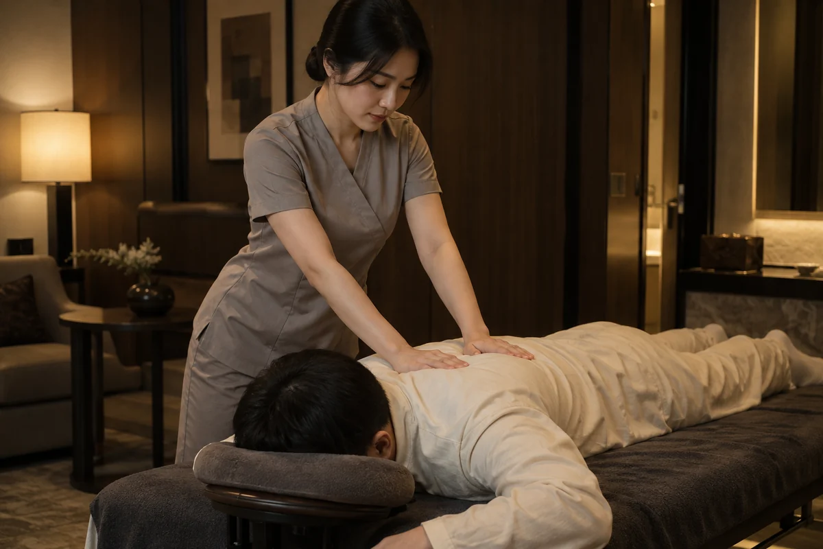 Illustrative Thai massage session with a clothed customer