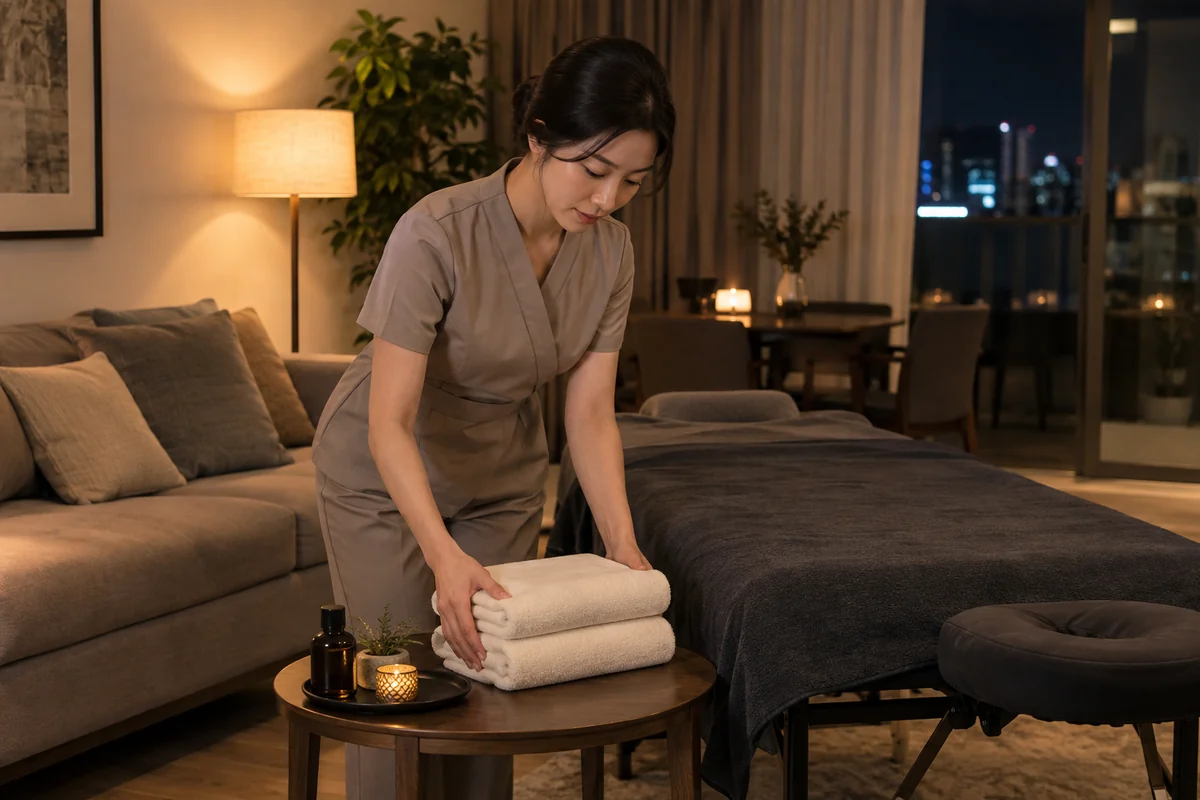 Massage preparation in a modern apartment living room